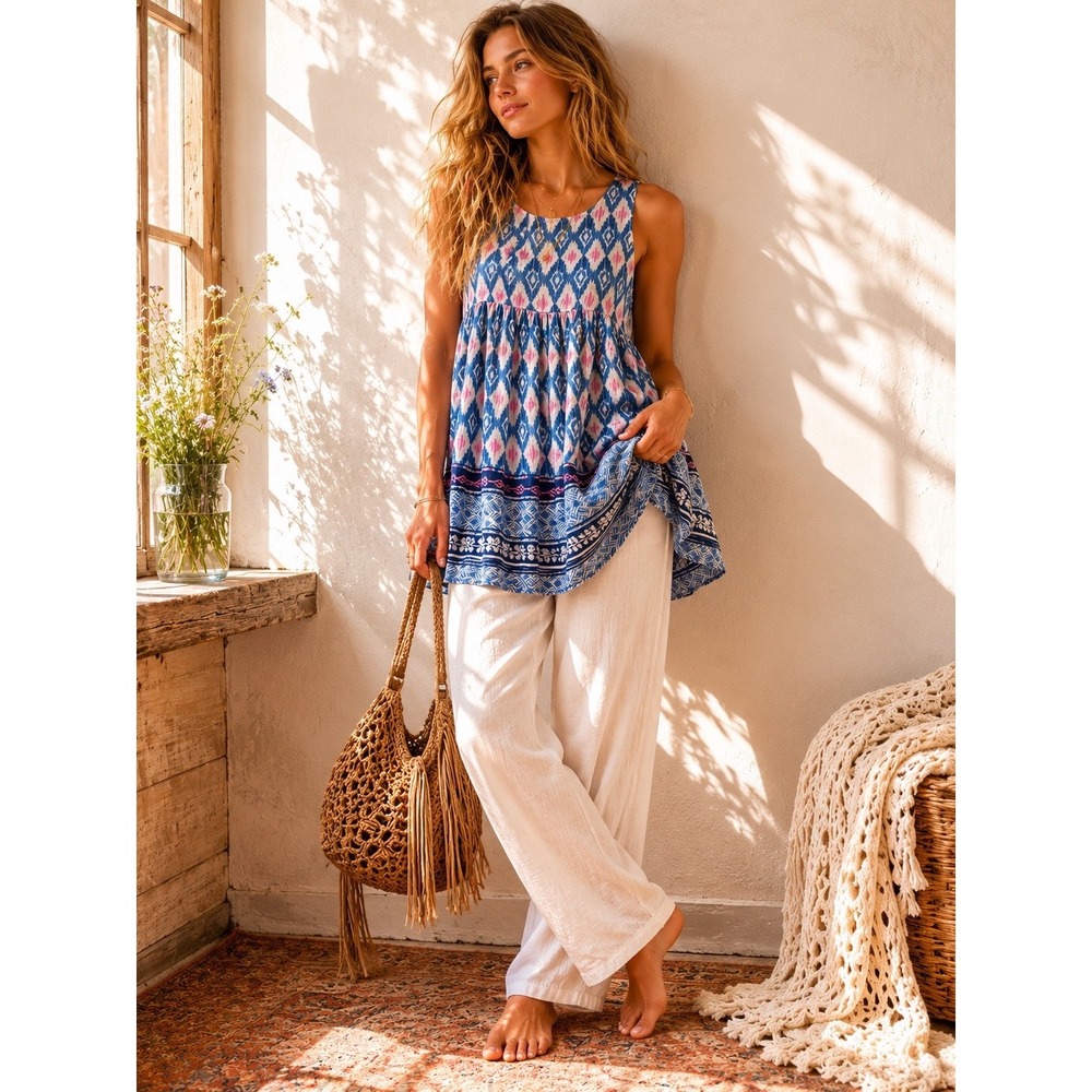 Beachlunchlounge Blue Ikat Diamond Tiered Sleeveless Tunic Top XS LPT5128